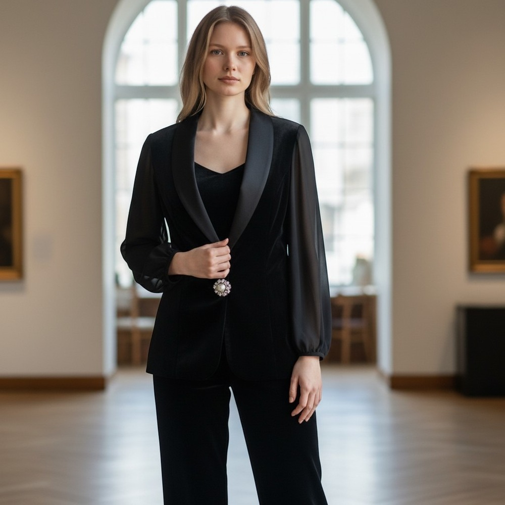 Alex Evenings Black Velvet 3 Piece Pant Suit Sheer Sleeve Rhinestone XXL XL